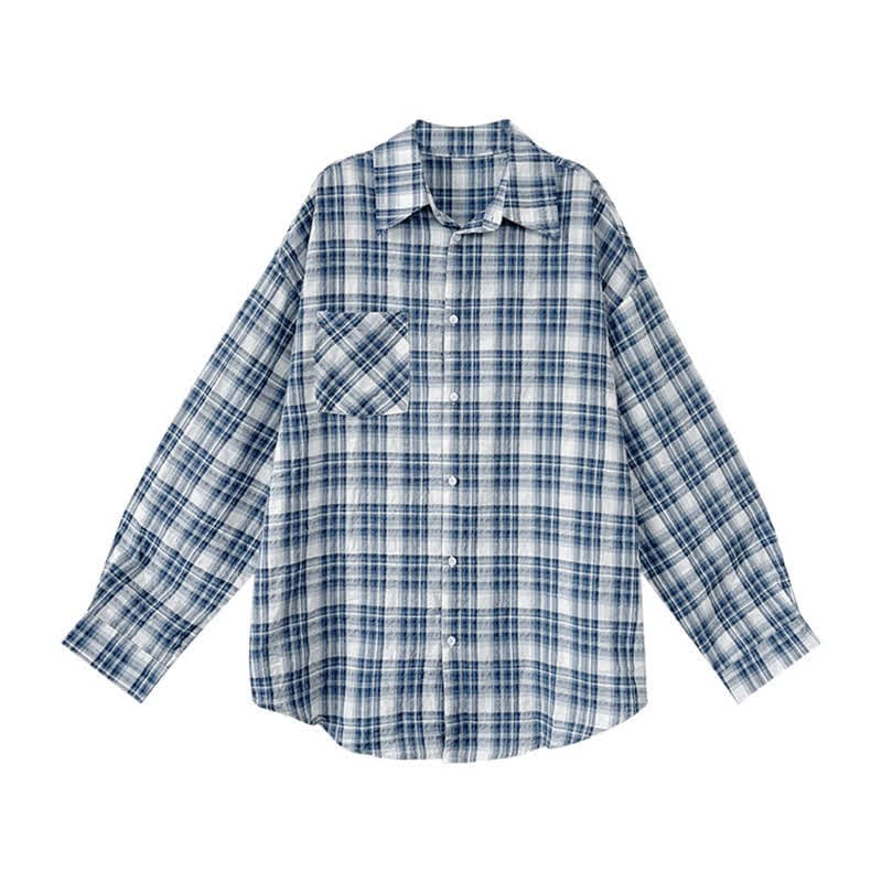 Blue Plaid Print Pocket Long Sleeve Lapel Shirt - Blue / M