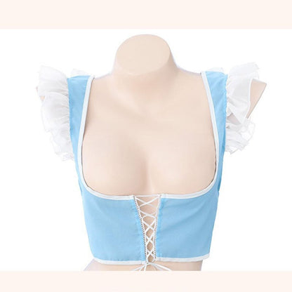 Blue Sexy Lace Up Puff Sleeve Maid Lingerie Set - Blue