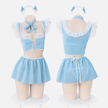 Blue Sexy Lace Up Puff Sleeve Maid Lingerie Set - Blue