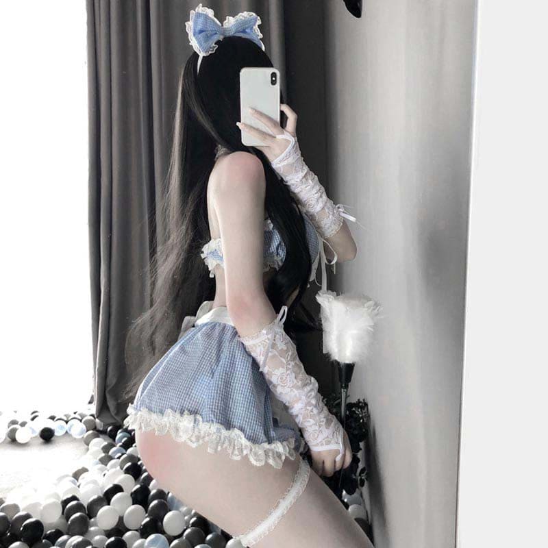 Blue Sexy Maid Lace Bow Stockings Lingerie Dress - Blue