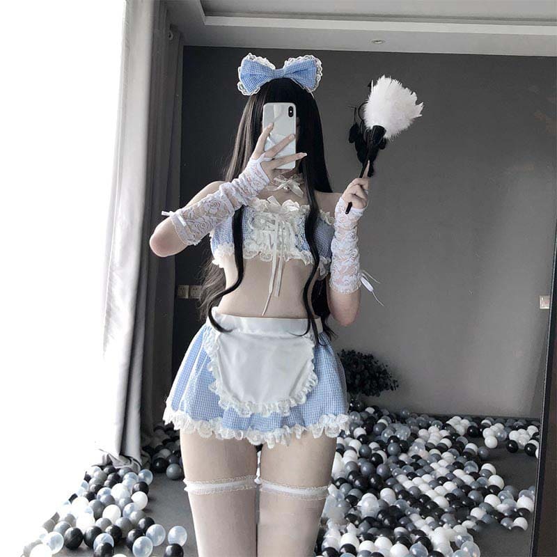 Blue Sexy Maid Lace Bow Stockings Lingerie Dress - Blue