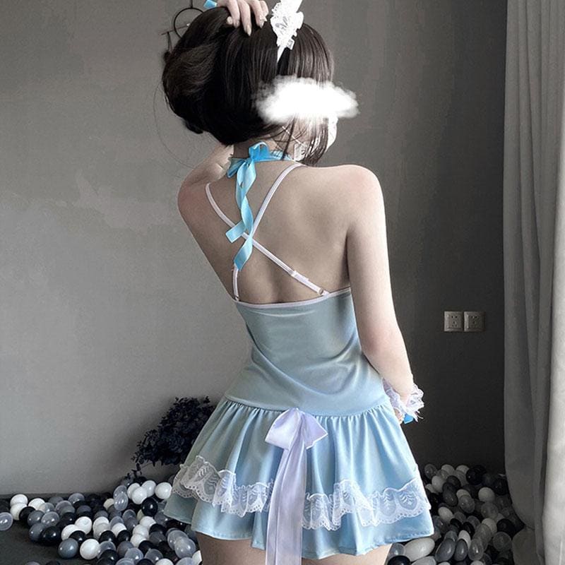 Blue Sexy Maid Lace Bow Stockings Lingerie Dress - Blue