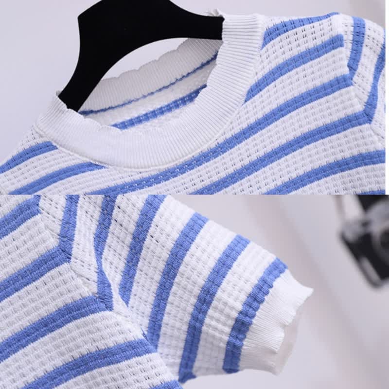 Blue Stripe Knitted T-Shirt High Waist Denim Skirt