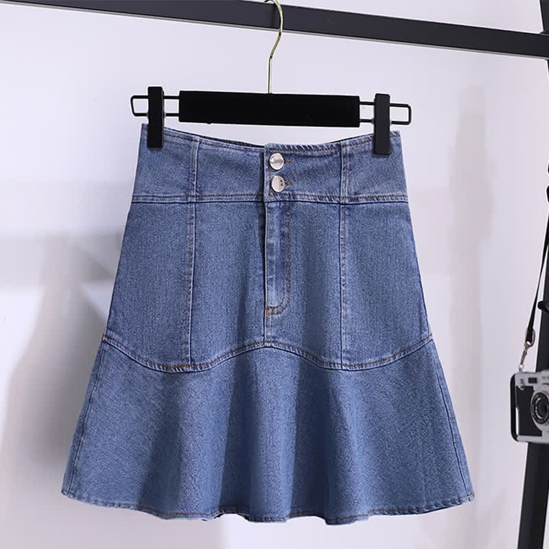 Blue Stripe Knitted T-Shirt High Waist Denim Skirt - Skirt