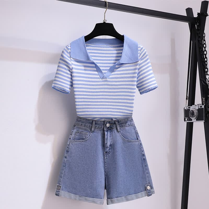 Blue Stripe V-neck Knitted T-Shirt Denim Shorts - Set / S