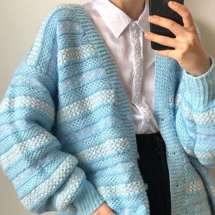 Blue Striped Knit Cardigan - Cardigan