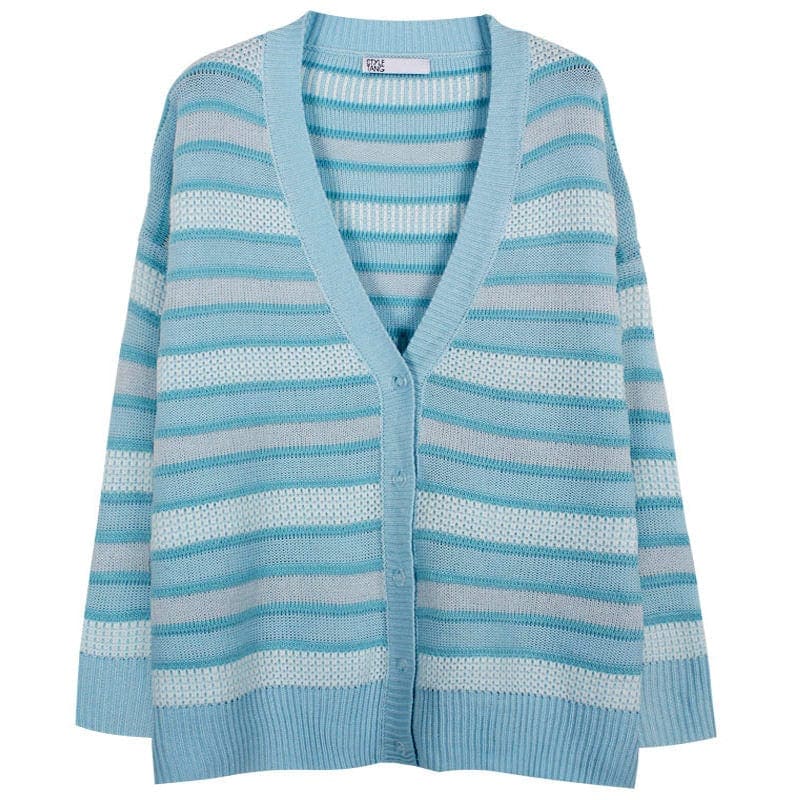 Blue Striped Knit Cardigan - Cardigan