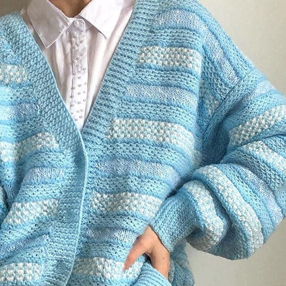 Blue Striped Knit Cardigan - Cardigan