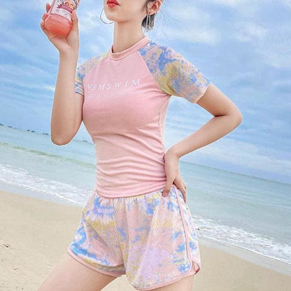 Blue/Pink Letter Print CuteT-Shirt Shorts Swimsuit Set MM1126 - KawaiiMoriStore