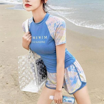 Blue/Pink Letter Print CuteT-Shirt Shorts Swimsuit Set MM1126 - KawaiiMoriStore