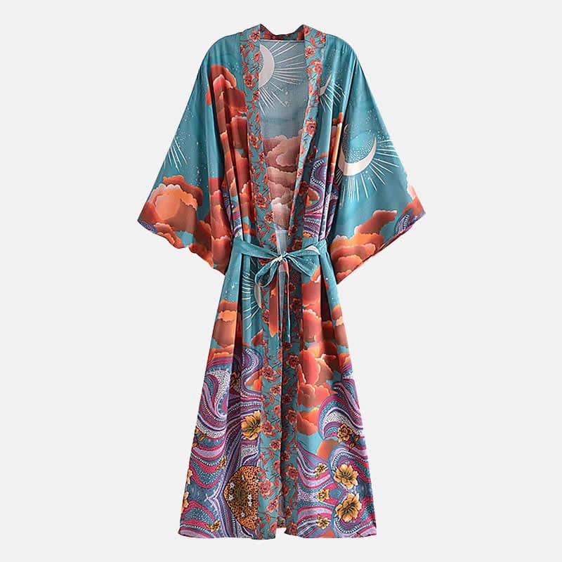 Boho Beach Moon Print Belt Robe Long Cardigan Kimono