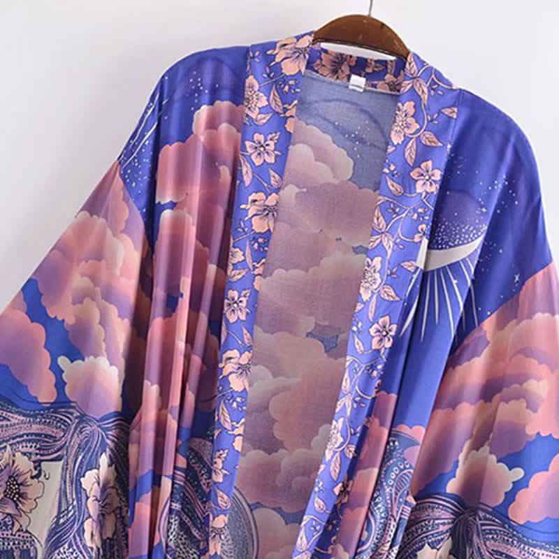 Boho Beach Moon Print Belt Robe Long Cardigan Kimono