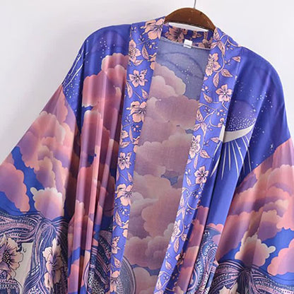 Boho Beach Moon Print Belt Robe Long Cardigan Kimono