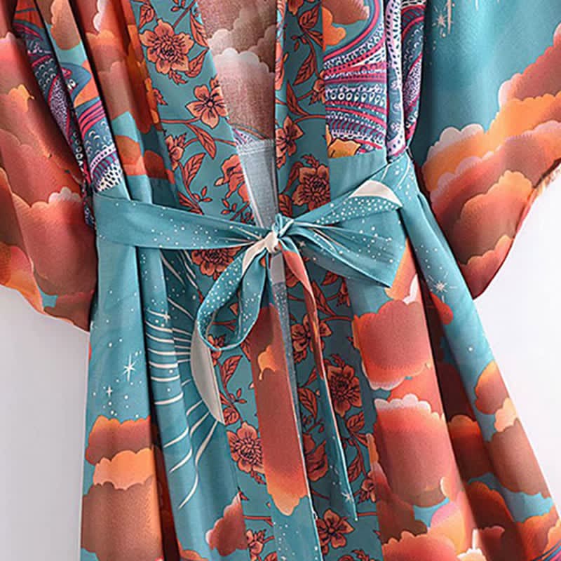 Boho Beach Moon Print Belt Robe Long Cardigan Kimono