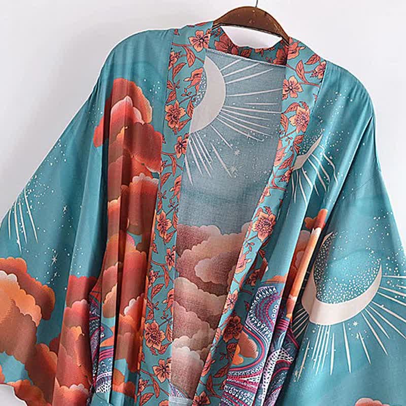 Boho Beach Moon Print Belt Robe Long Cardigan Kimono