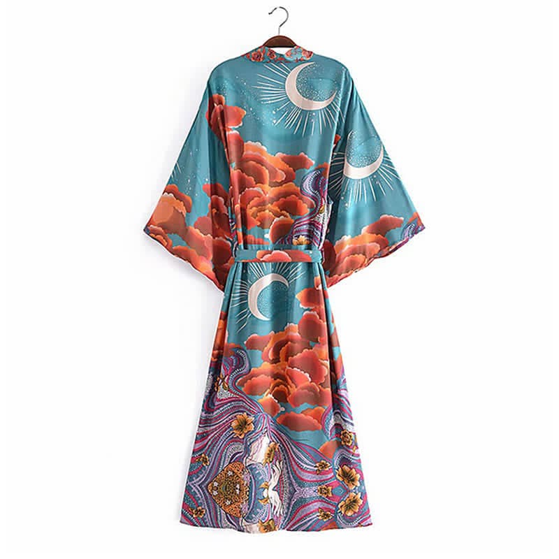 Boho Beach Moon Print Belt Robe Long Cardigan Kimono