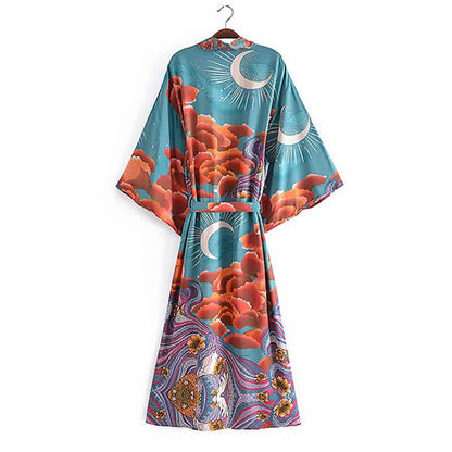 Boho Beach Moon Print Belt Robe Long Cardigan Kimono