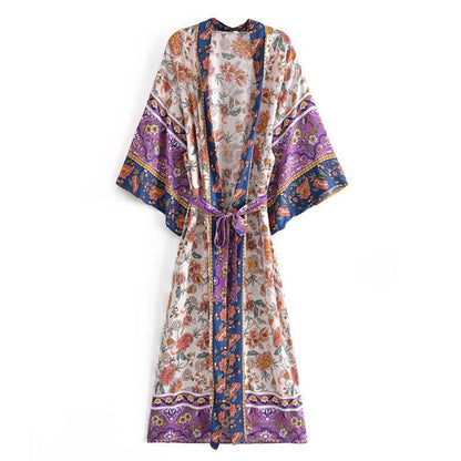 Boho Beach Print Belt Robe Long Cardigan Outerwear - Color