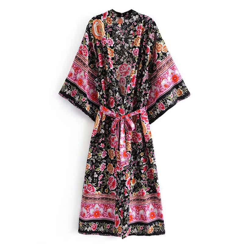 Boho Beach Print Belt Robe Long Cardigan Outerwear - Color