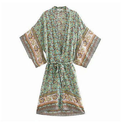 Boho Beach Print Belt Robe Long Cardigan Outerwear - Color