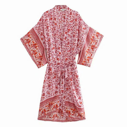 Boho Beach Print Belt Robe Long Cardigan Outerwear - Color