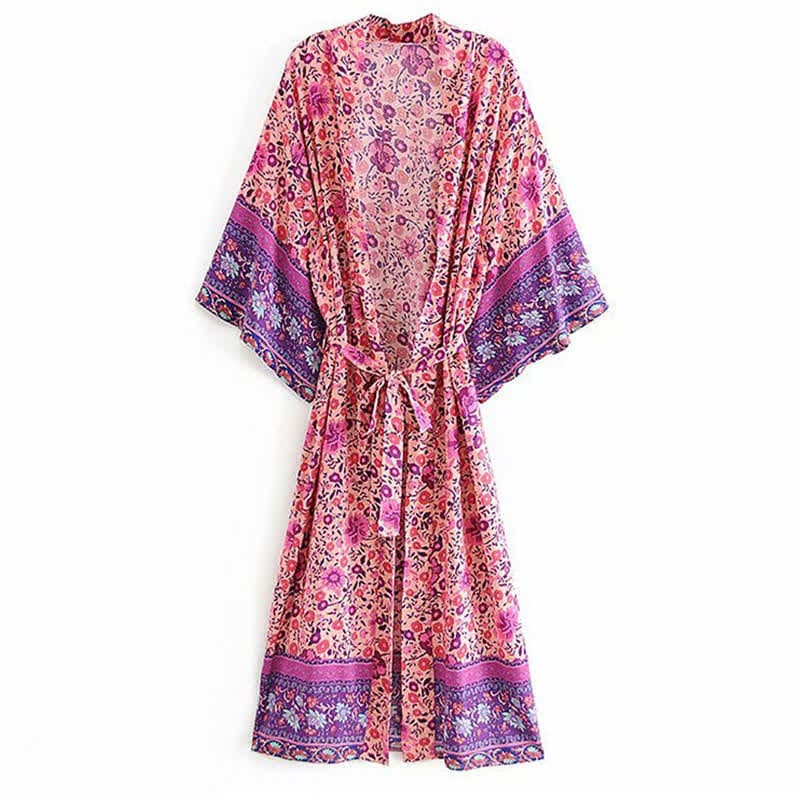 Boho Beach Print Belt Robe Long Cardigan Outerwear - Color