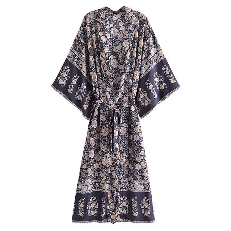 Boho Beach Print Belt Robe Long Cardigan Outerwear - Color