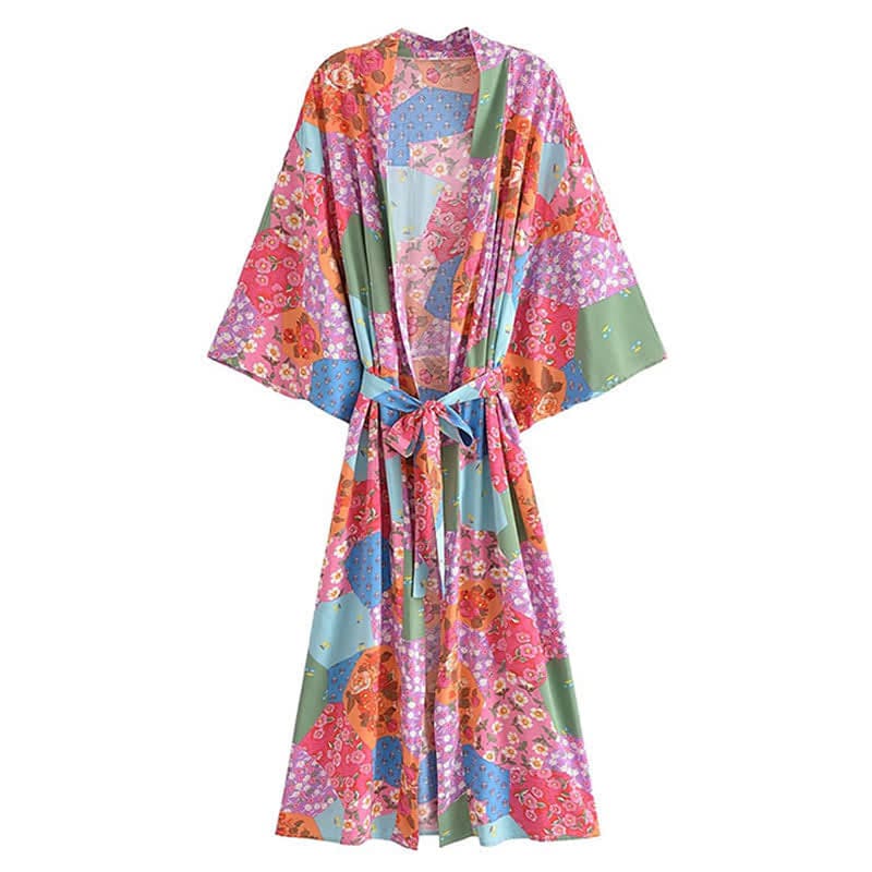 Boho Beach Print Belt Robe Long Cardigan Outerwear - Color