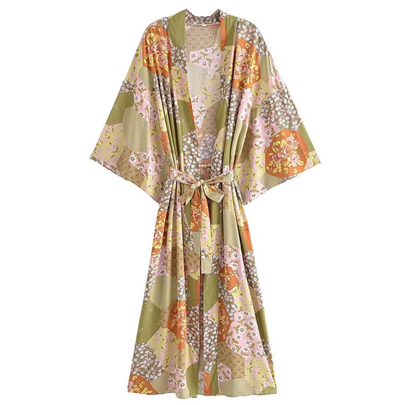 Boho Beach Print Belt Robe Long Cardigan Outerwear - Color