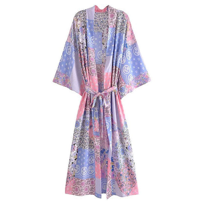 Boho Beach Print Belt Robe Long Cardigan Outerwear - Color