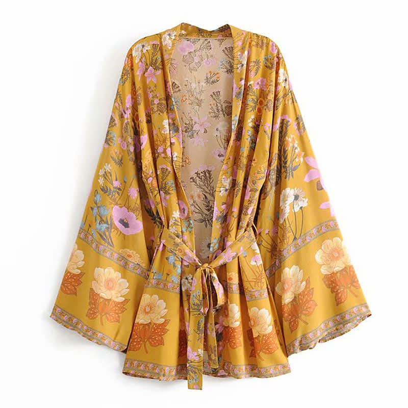 Boho Blossom Print Belt Cardigan Outerwear - Yellow / S