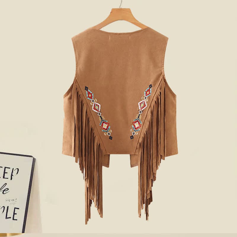 Boho Embroidery Fringed Vest Pleated Lapel Shirt Dress