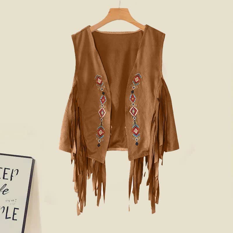 Boho Embroidery Fringed Vest Pleated Lapel Shirt Dress