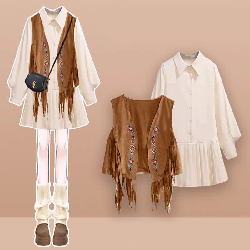 Boho Embroidery Fringed Vest Pleated Lapel Shirt Dress