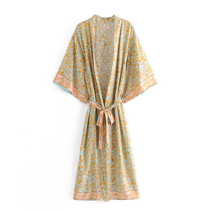 Boho Floral Print Belt Robe Long Cardigan Outerwear - Green