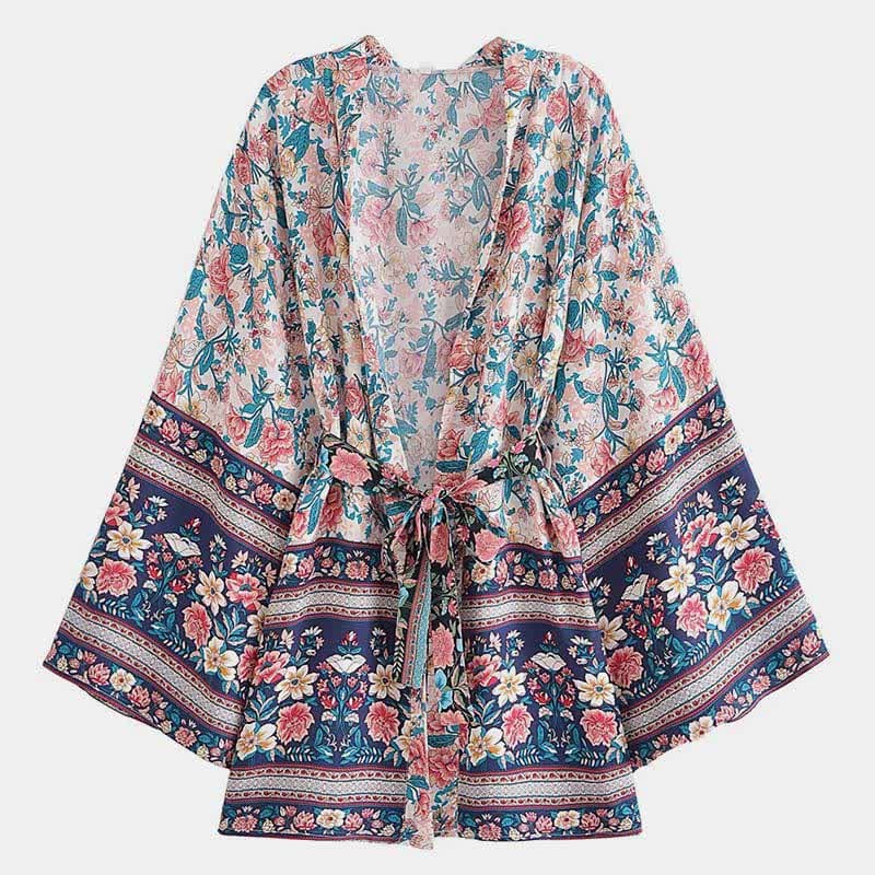 Boho Flower Print Belt Cardigan Outerwear