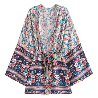 Boho Flower Print Belt Cardigan Outerwear - A-Beige / S