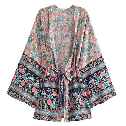 Boho Flower Print Belt Cardigan Outerwear - A-Pink / S