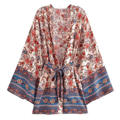 Boho Flower Print Belt Cardigan Outerwear - B-Beige / S