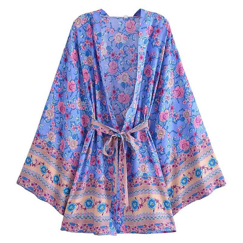 Boho Flower Print Belt Cardigan Outerwear - B-Blue / S