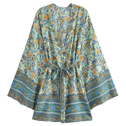 Boho Flower Print Belt Cardigan Outerwear - B-Green / S