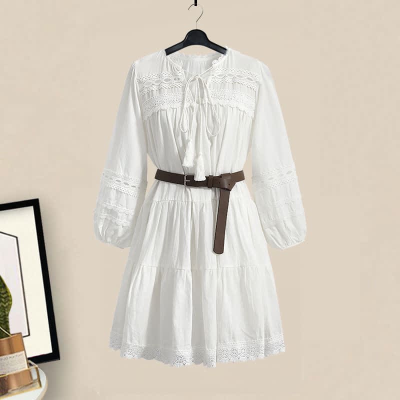 Boho Hollow Out Crochet Split Shirt Belted Tassel Dress