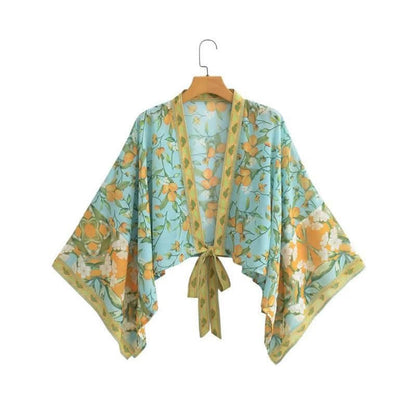 Boho Print Lace Up Cardigan Kimono Outerwear - Green