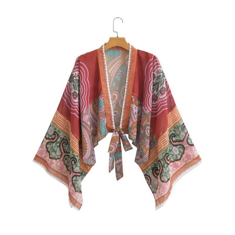 Boho Print Lace Up Cardigan Kimono Outerwear - Red