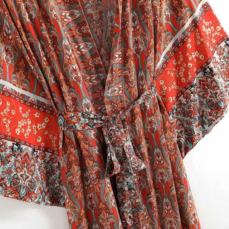 Boho Vintage Red Print Belt Robe Cardigan Outerwear