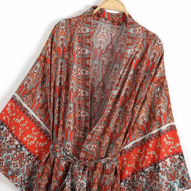 Boho Vintage Red Print Belt Robe Cardigan Outerwear