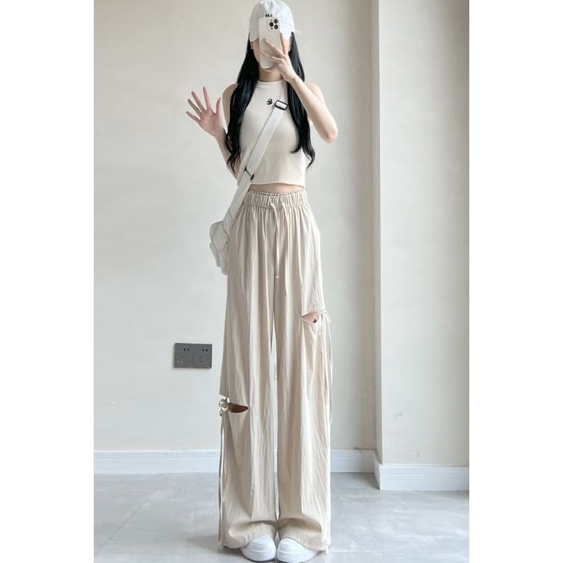 Bow Accent Cutout High Rise Drawstring Wide Leg Sweatpants