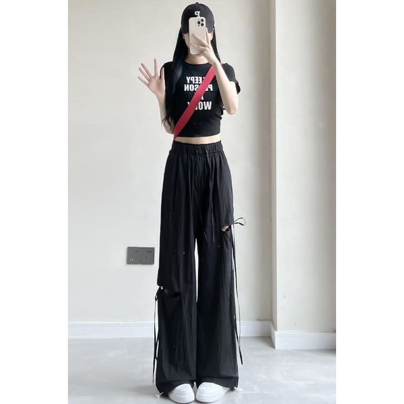 Bow Accent Cutout High Rise Drawstring Wide Leg Sweatpants