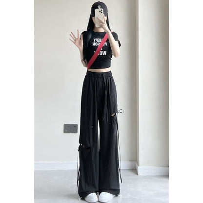 Bow Accent Cutout High Rise Drawstring Wide Leg Sweatpants