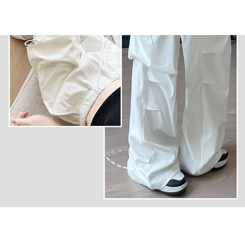 Bow Accent High Waist Plain Wide Leg Parachute Cargo